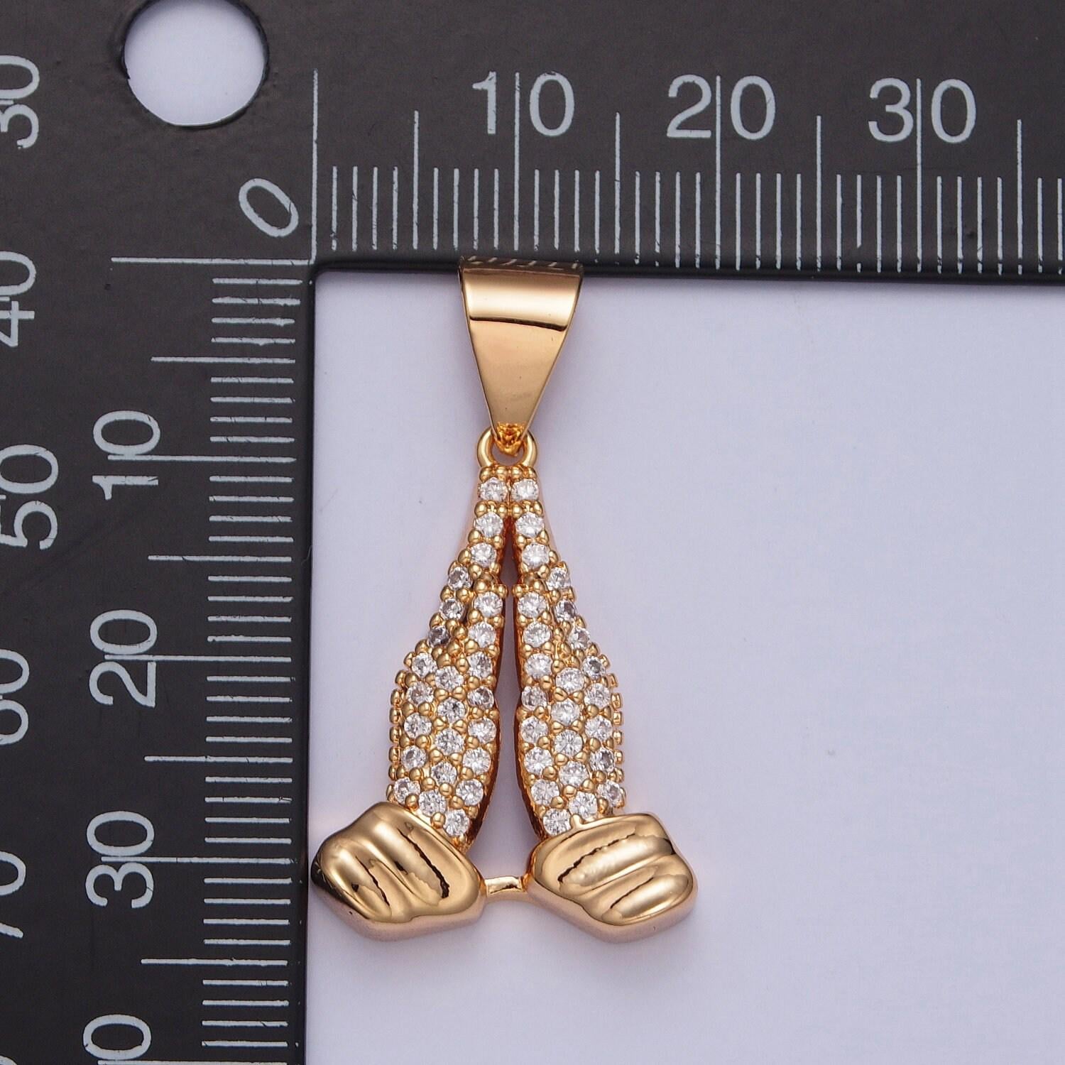 18k gold dainty praying hand charm with micro pave cz stones, hands together in prayer pendant | diy pendant for necklace bracelet | x-358
