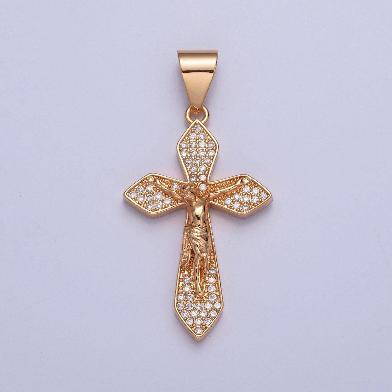 18k gold plated the cruxifix charm, inri the cross of jesus pendant, micro pave cz stone for religious minimalist layering pendant | x-355