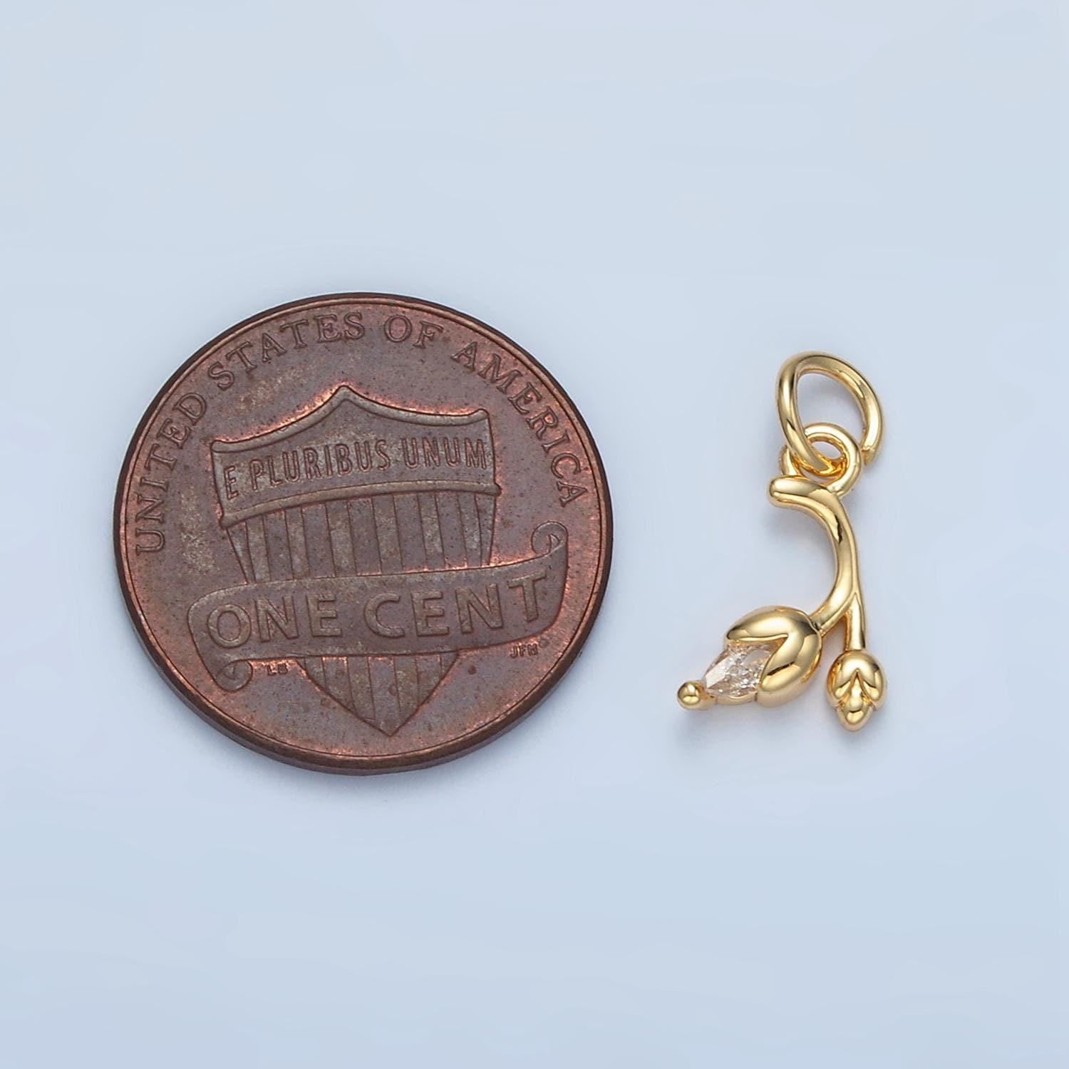 Mini double stem tulip cz paved gold filled floral charm | x-312