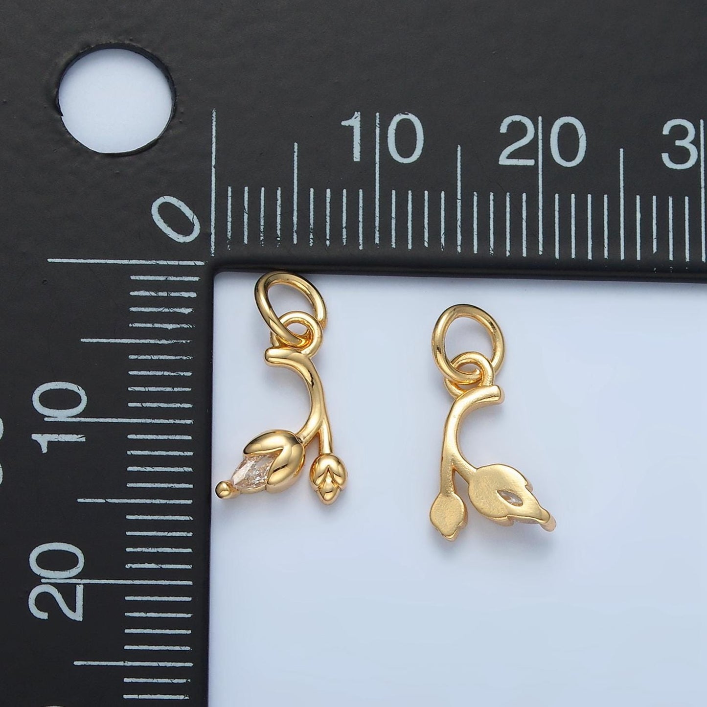 Mini double stem tulip cz paved gold filled floral charm | x-312