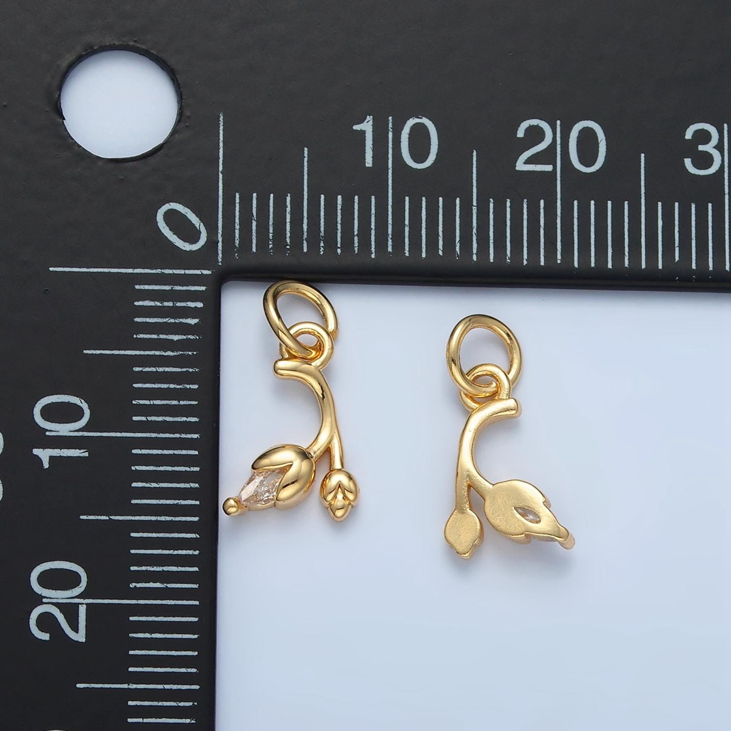 Mini double stem tulip cz paved gold filled floral charm | x-312