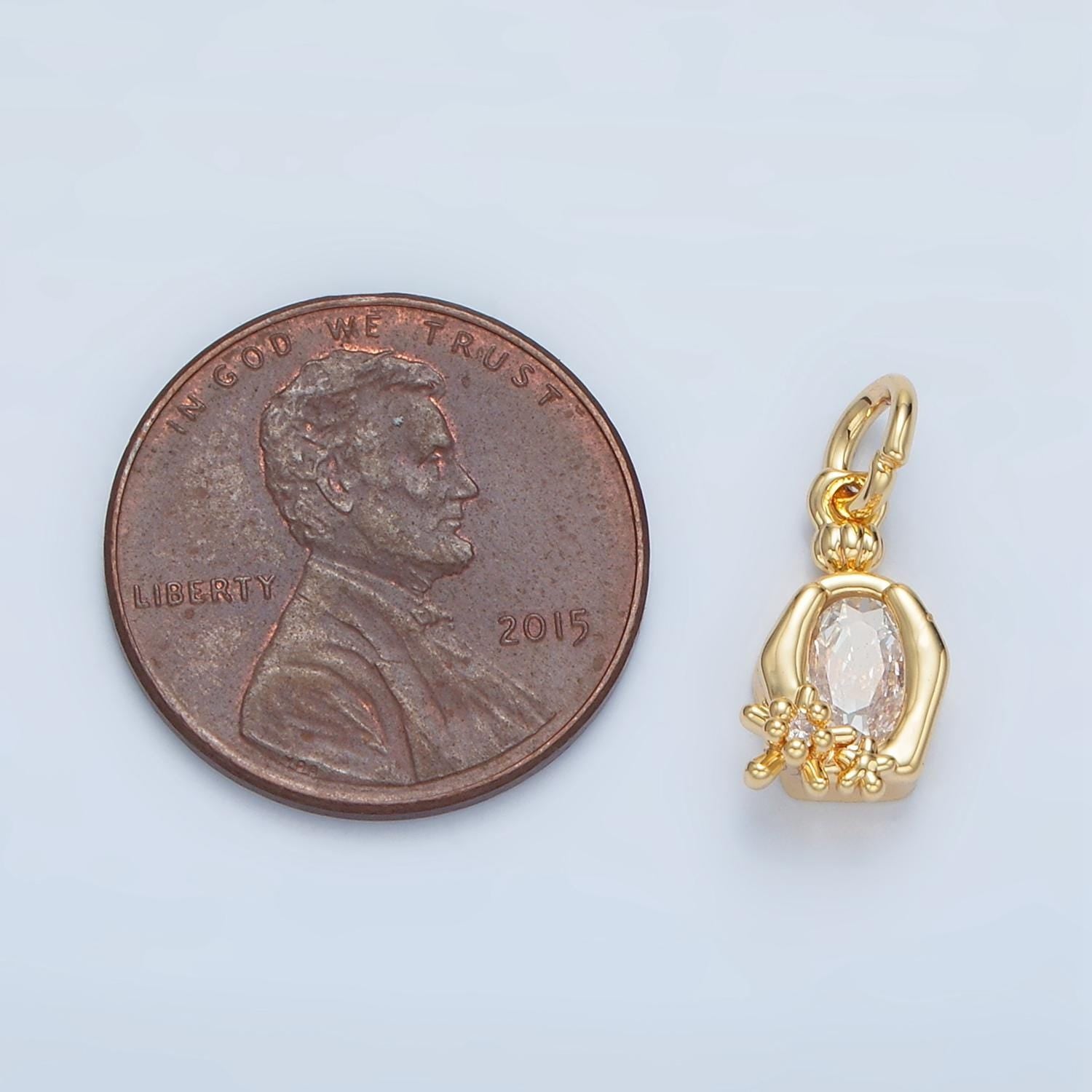 Oval clear cz hexagonal bezel flower 24k gold filled charm | x-300