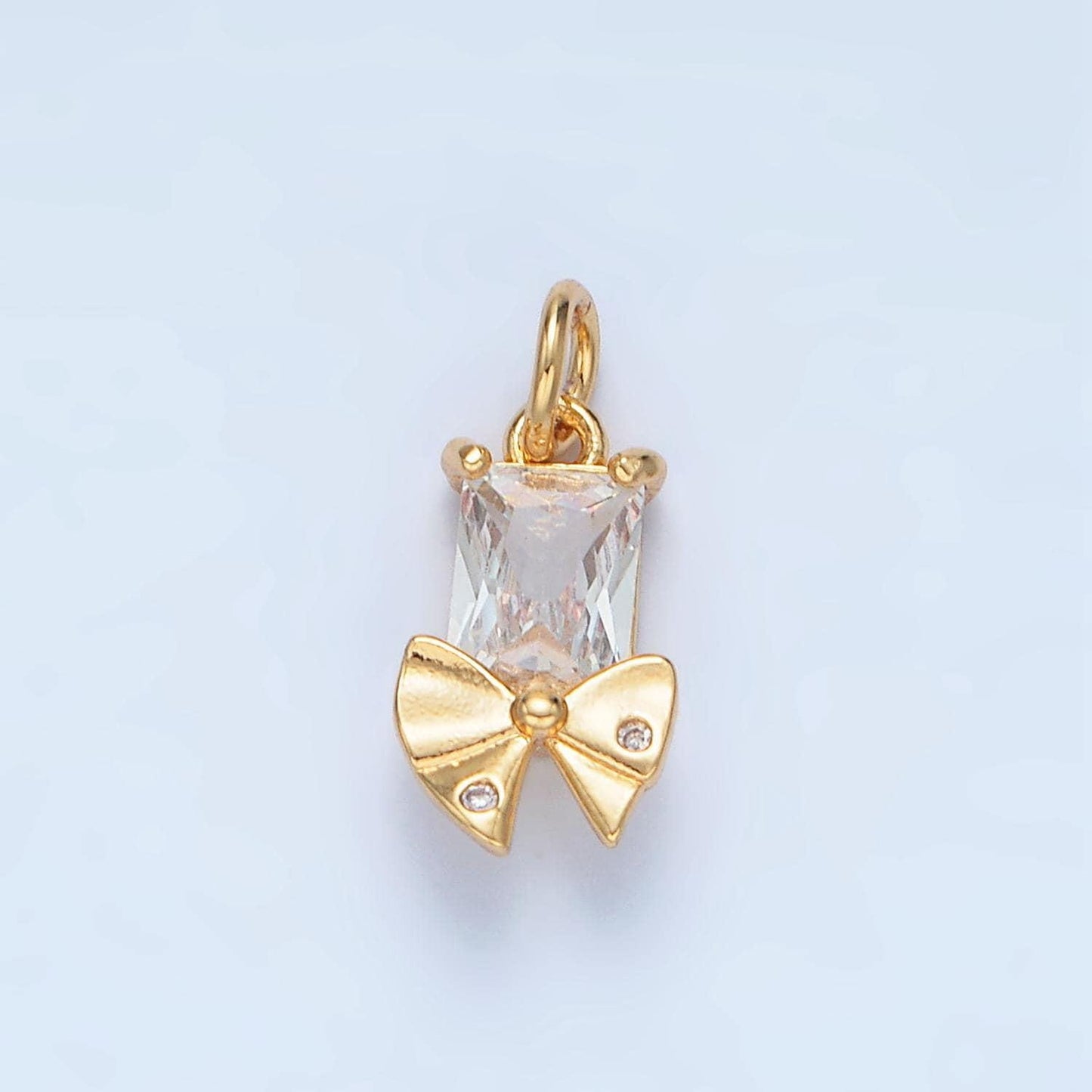 Square clear cz baguette gold filled dotted ribbon bow charm | x-282