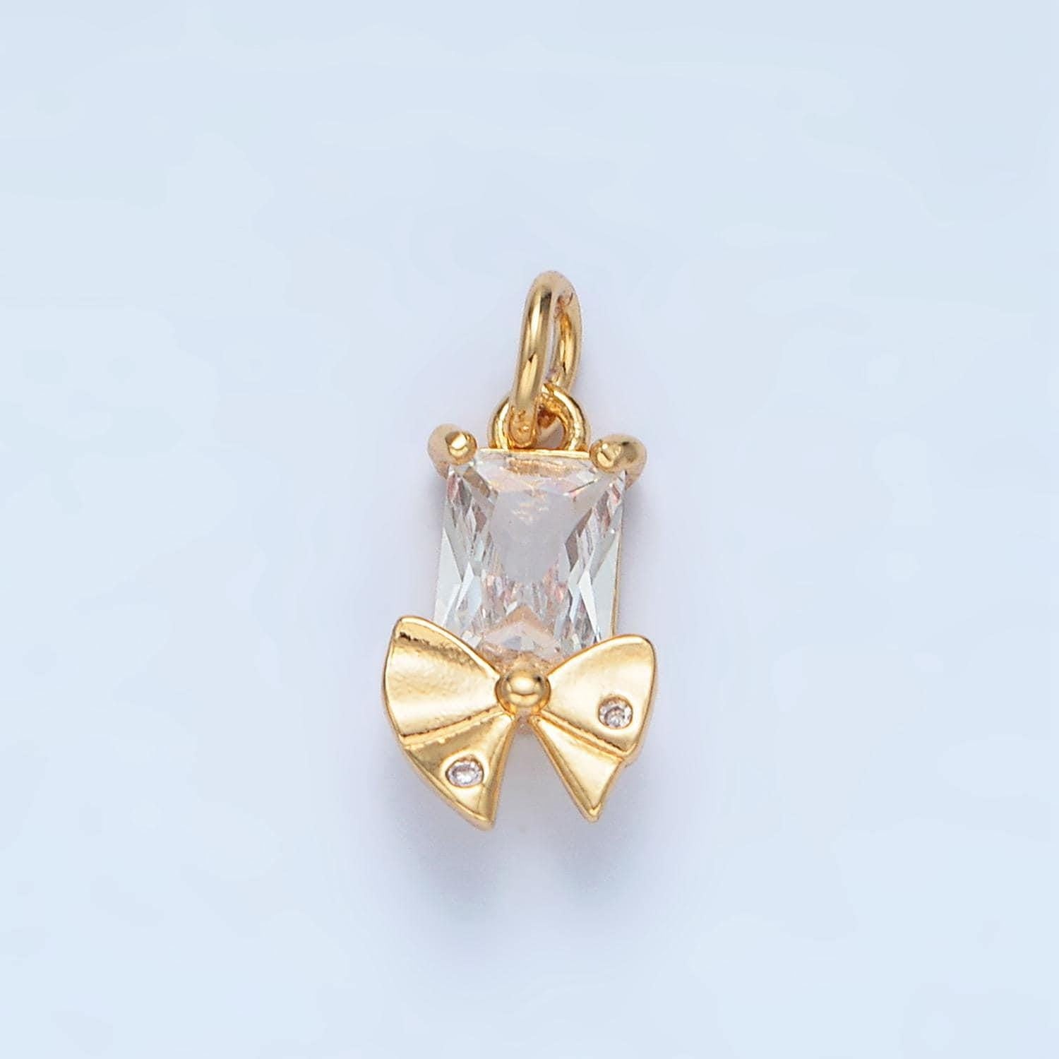 Square clear cz baguette gold filled dotted ribbon bow charm | x-282