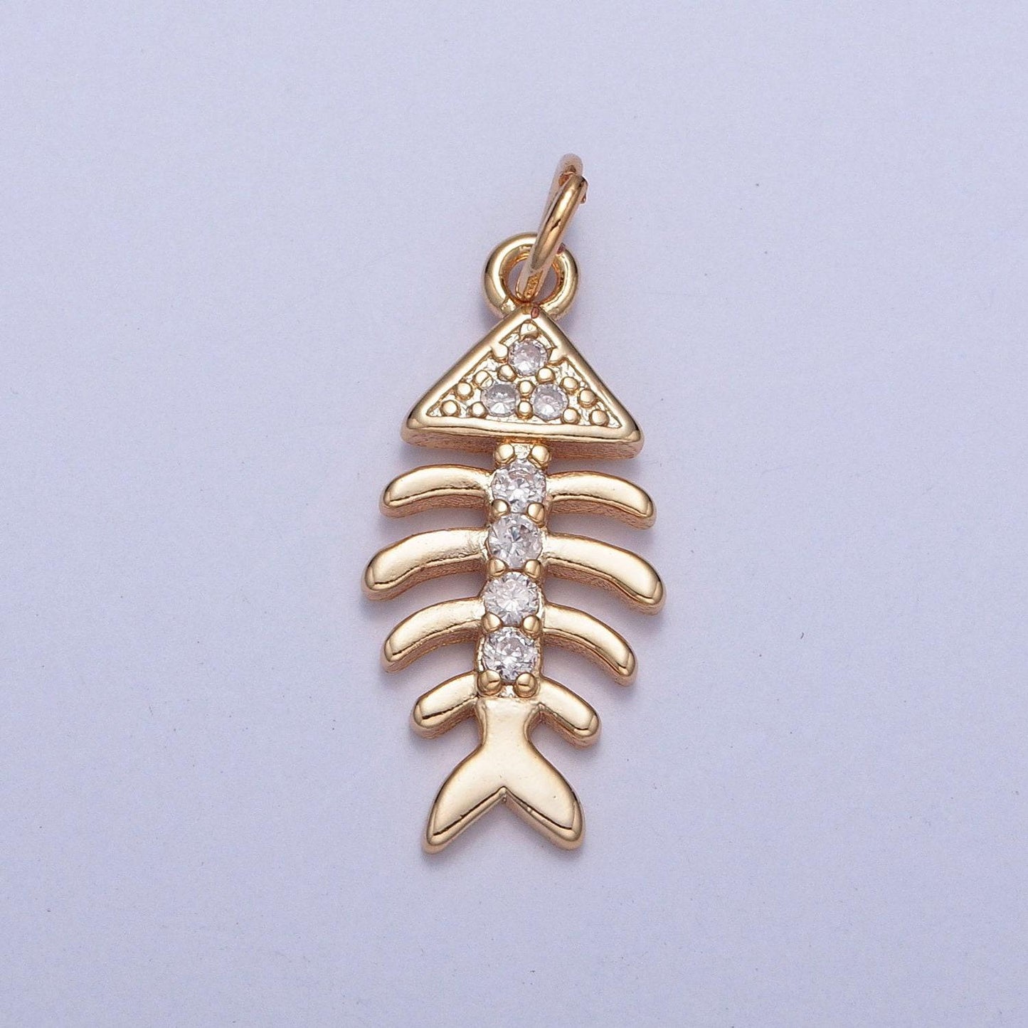 16k gold plated fish bone micro pave cubic cz crystals pendant, 16k gold fish cubic charm, dainty bone pendant for diy supply | x-250