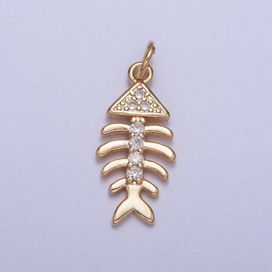 16k gold plated fish bone micro pave cubic cz crystals pendant, 16k gold fish cubic charm, dainty bone pendant for diy supply | x-250