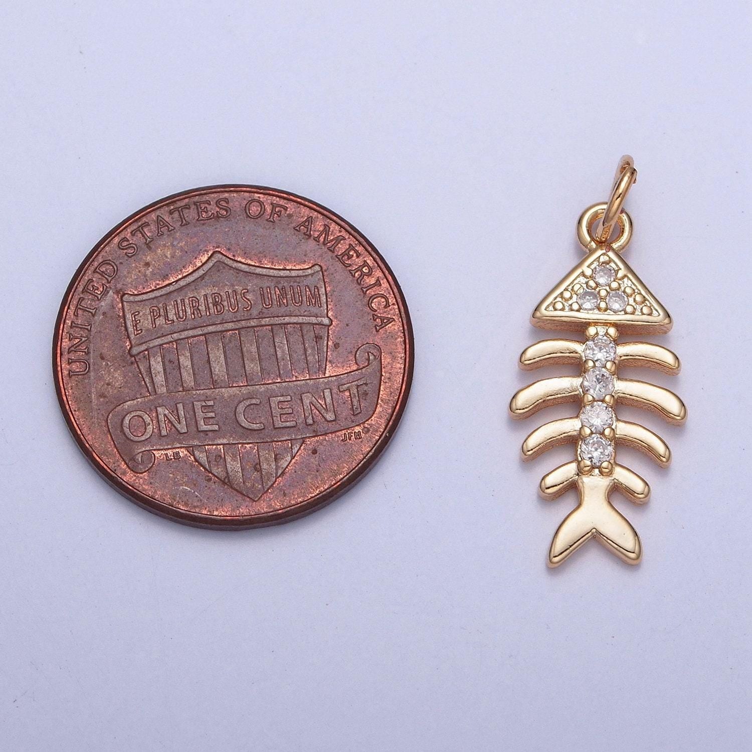 16k gold plated fish bone micro pave cubic cz crystals pendant, 16k gold fish cubic charm, dainty bone pendant for diy supply | x-250