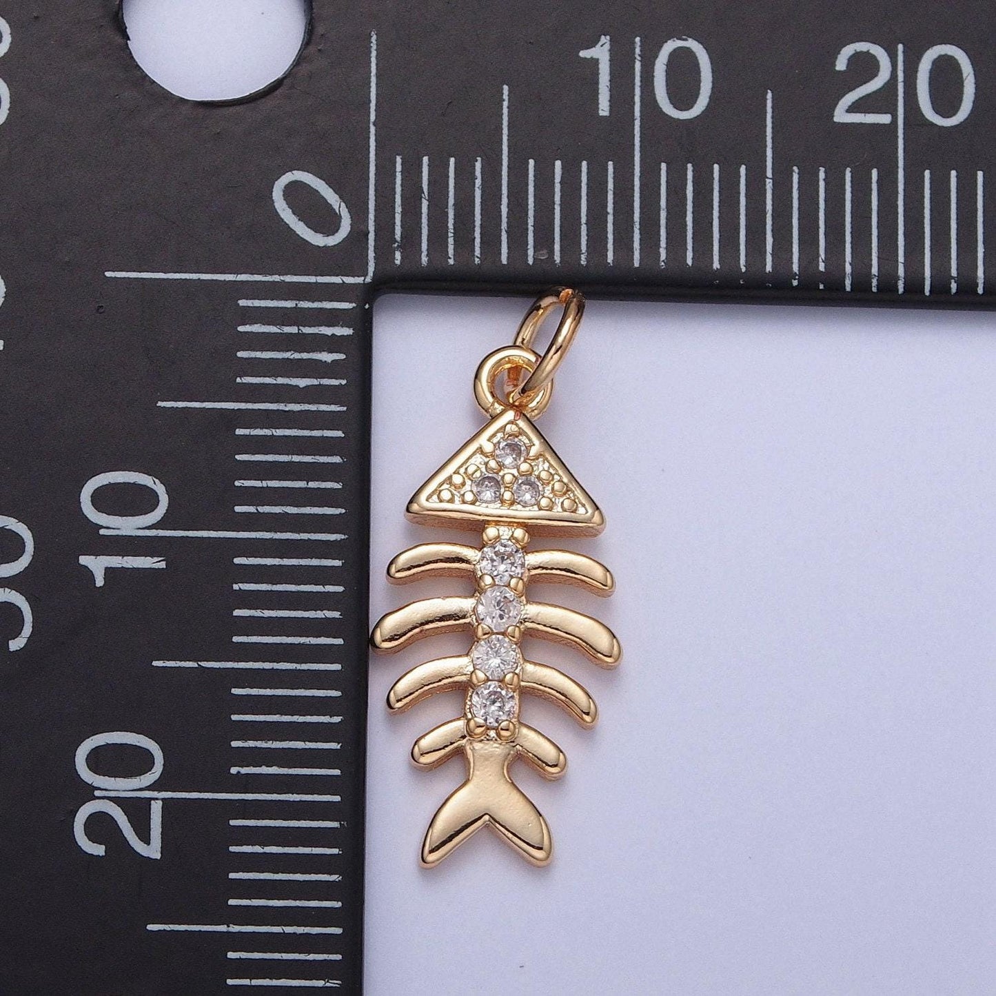 16k gold plated fish bone micro pave cubic cz crystals pendant, 16k gold fish cubic charm, dainty bone pendant for diy supply | x-250