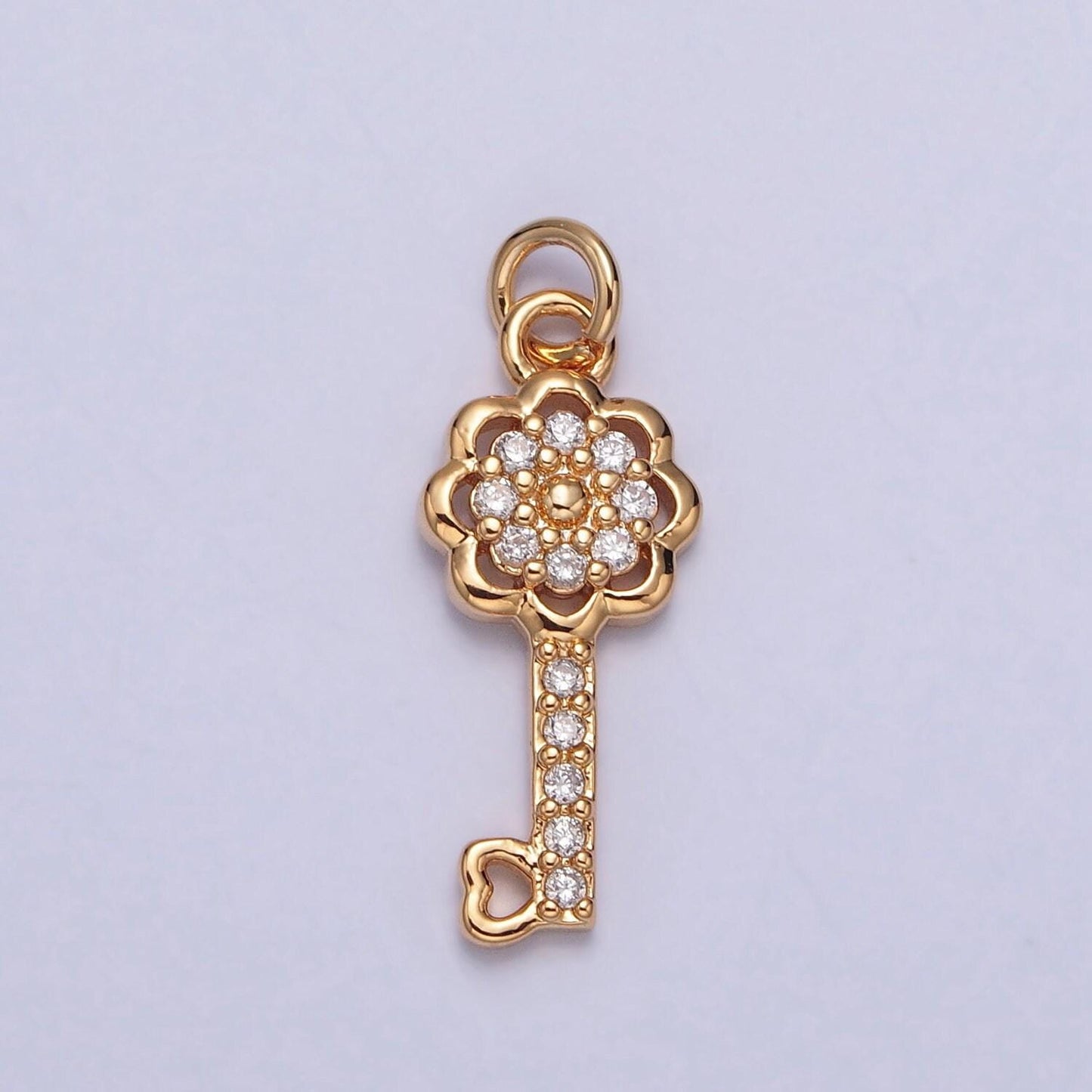 16k gold dainty elegant floral key love tiny heart bit micro pave cz beaded key pendant charm for jewelry necklace making | x-247