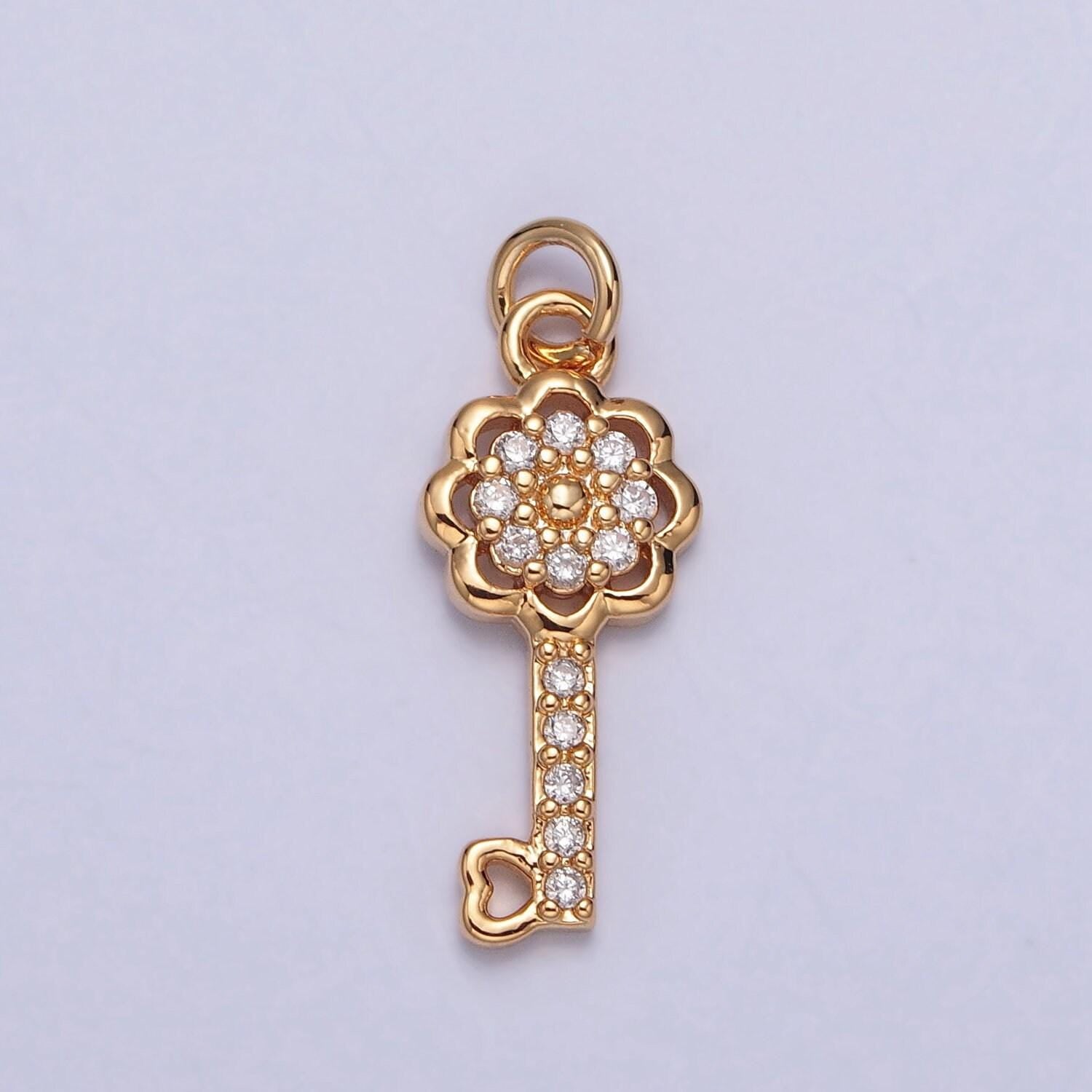 16k gold dainty elegant floral key love tiny heart bit micro pave cz beaded key pendant charm for jewelry necklace making | x-247