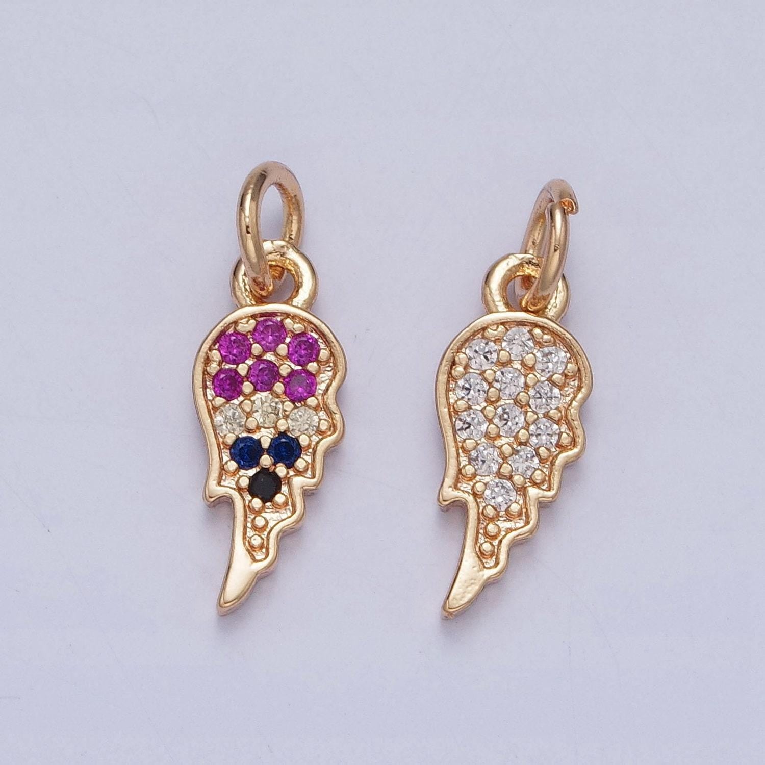 16k gold filled half angel wing pendant micropave cz cubic zirconia clear multicolored feather charm | x-245, x-246