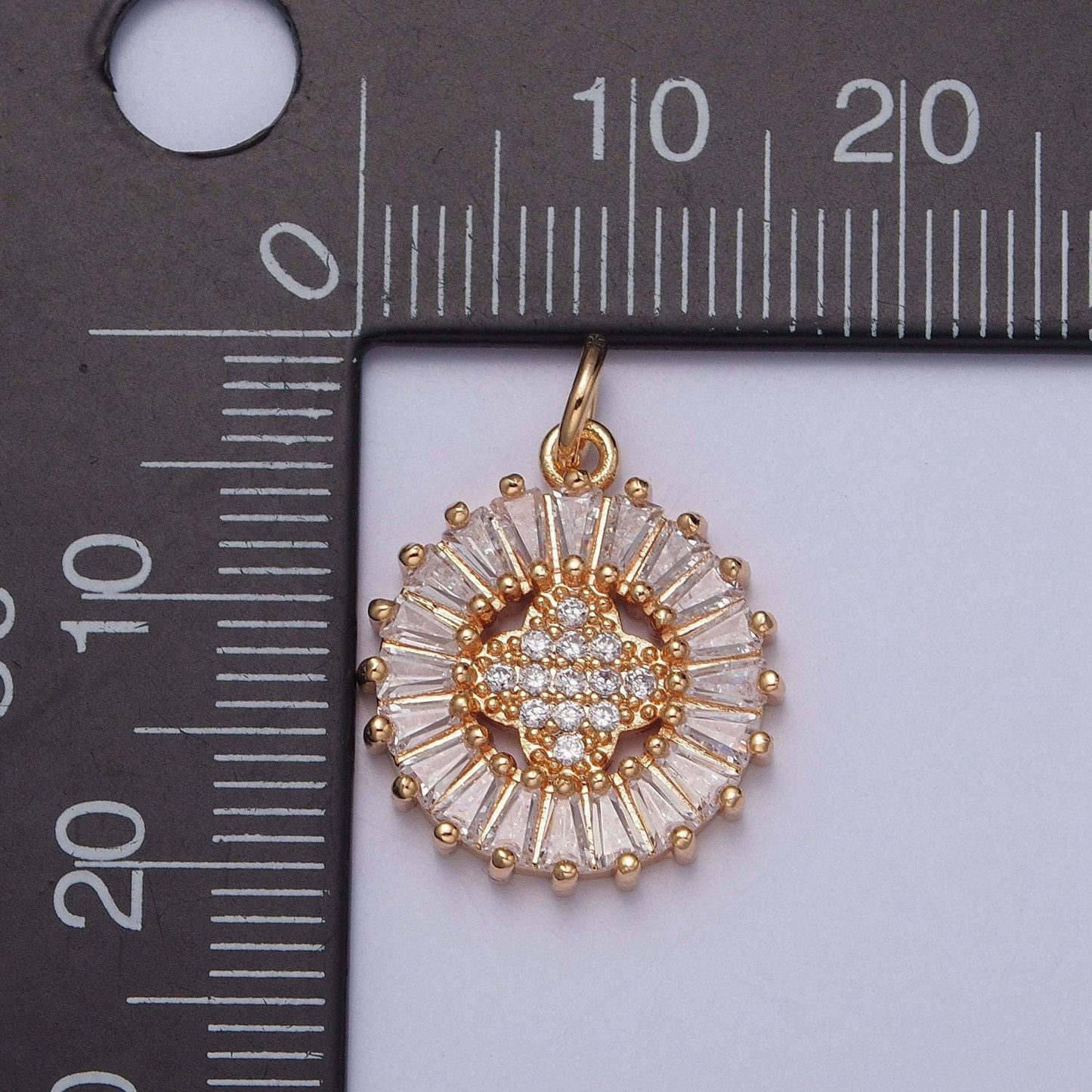 16k gold round circular micro pave cz baguette stones pendant, dainty soft-four-edged flower charm | x-236