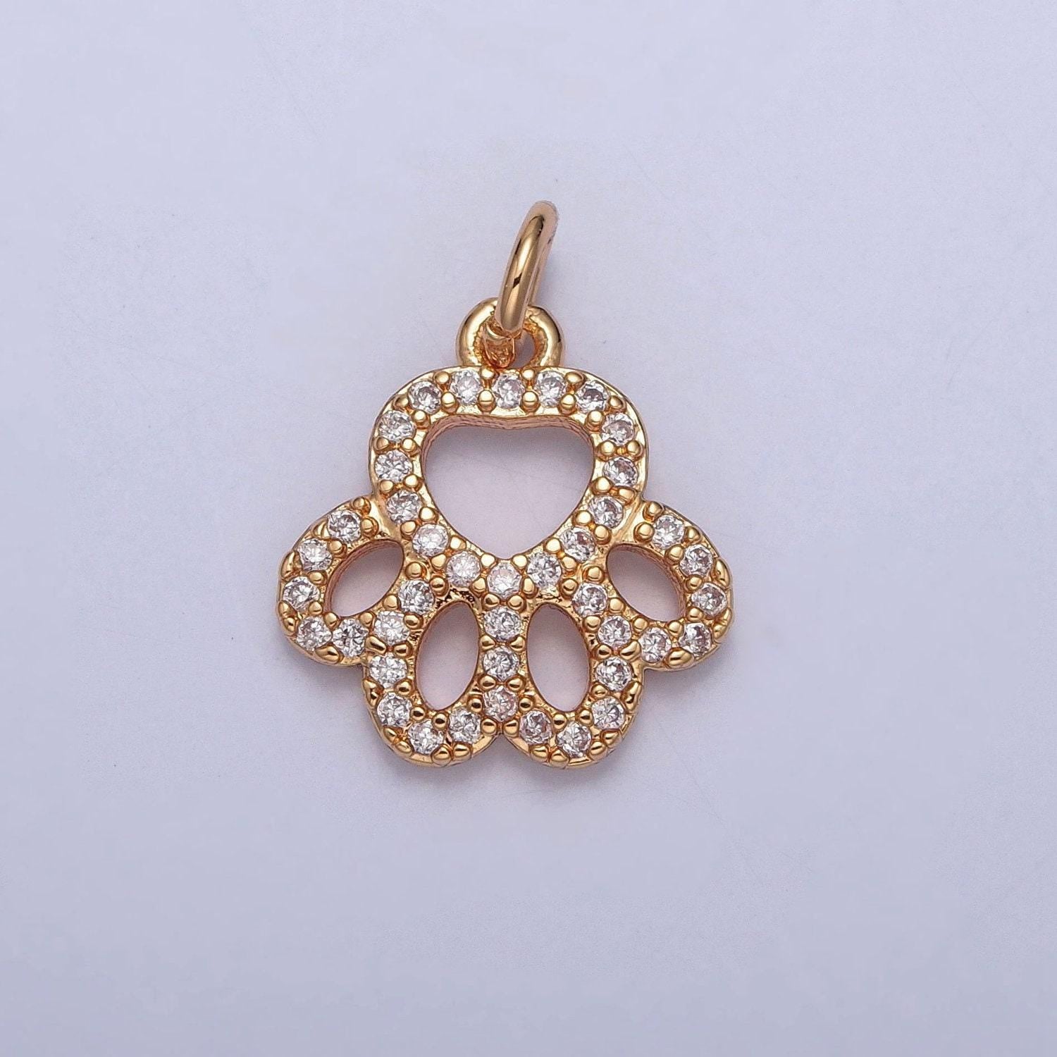 16k gold filled minimalistic dainty animal pet paw print pendant micro pave cz stones | diy jewelry charm add on necklace bracelet | x-218