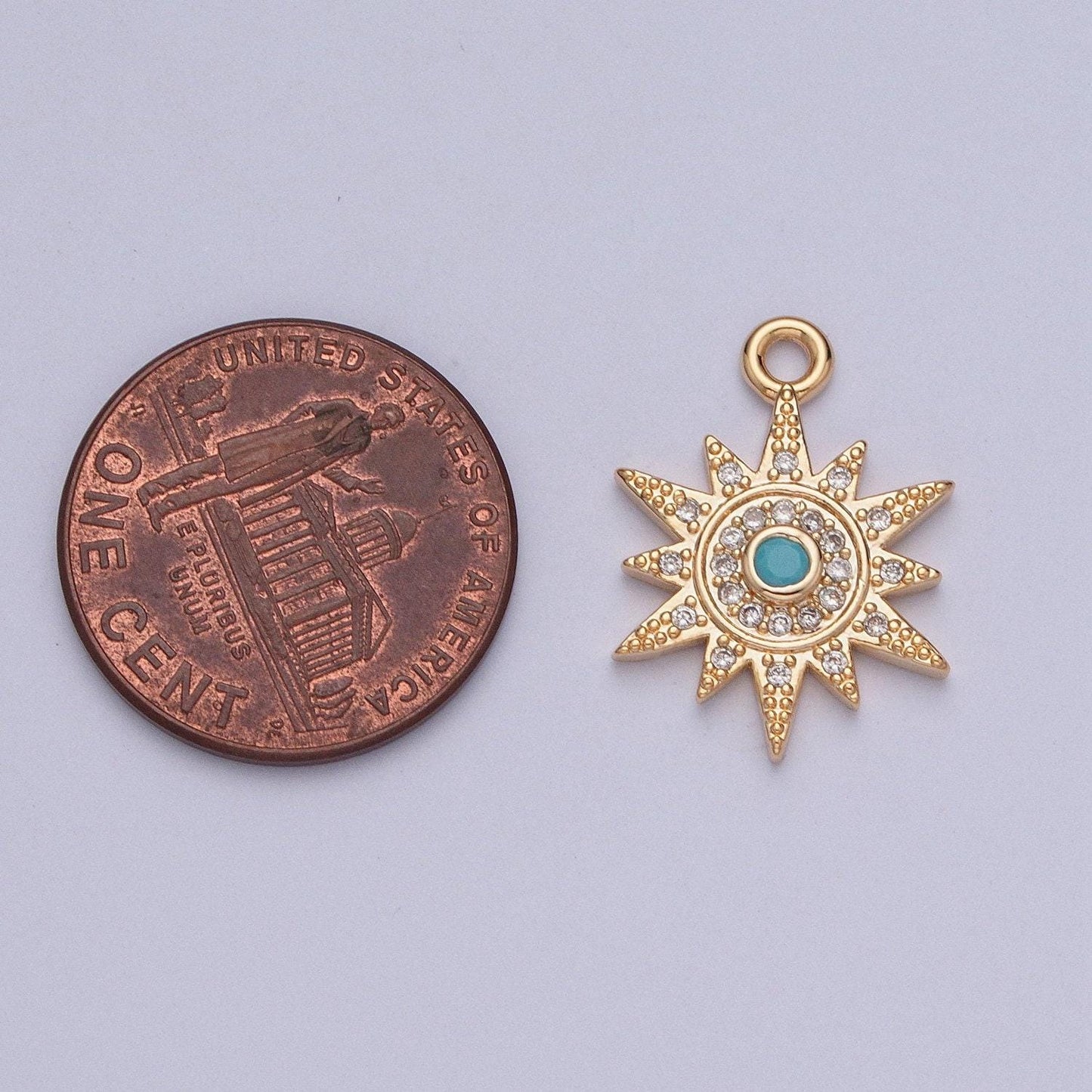 16k dainty gold sun charm, opal turquoise cubic zirconia micro cz pave sunburst beaded pendant, gold plated celestial charm | x-208