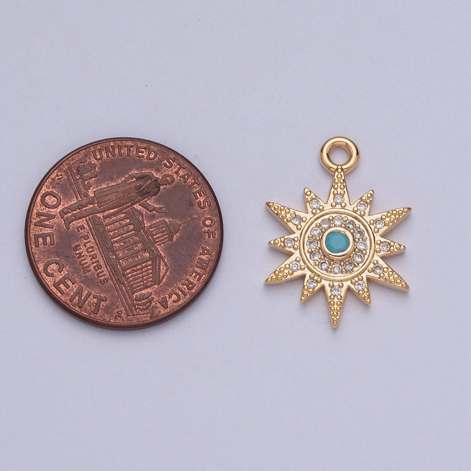 16k dainty gold sun charm, opal turquoise cubic zirconia micro cz pave sunburst beaded pendant, gold plated celestial charm | x-208