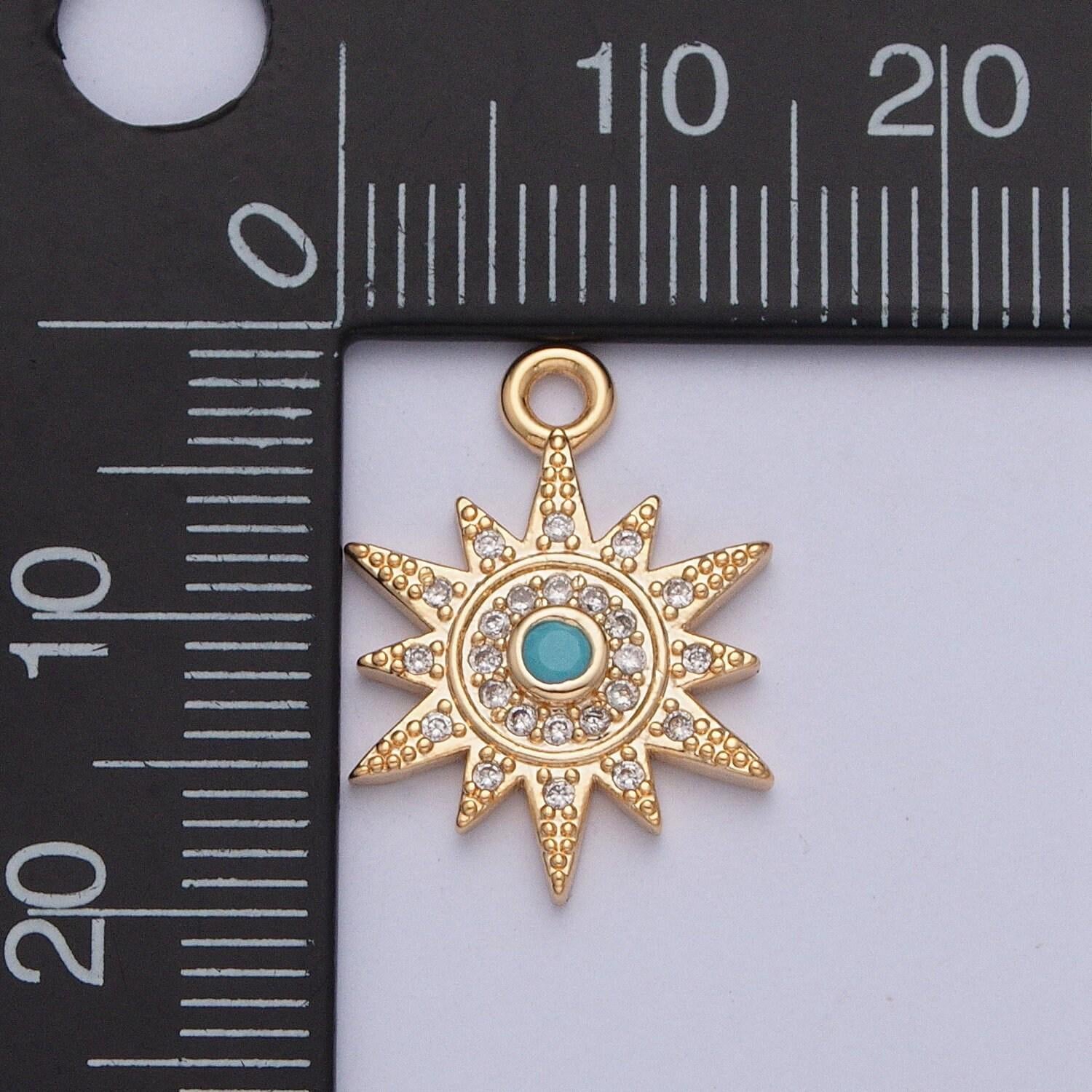 16k dainty gold sun charm, opal turquoise cubic zirconia micro cz pave sunburst beaded pendant, gold plated celestial charm | x-208