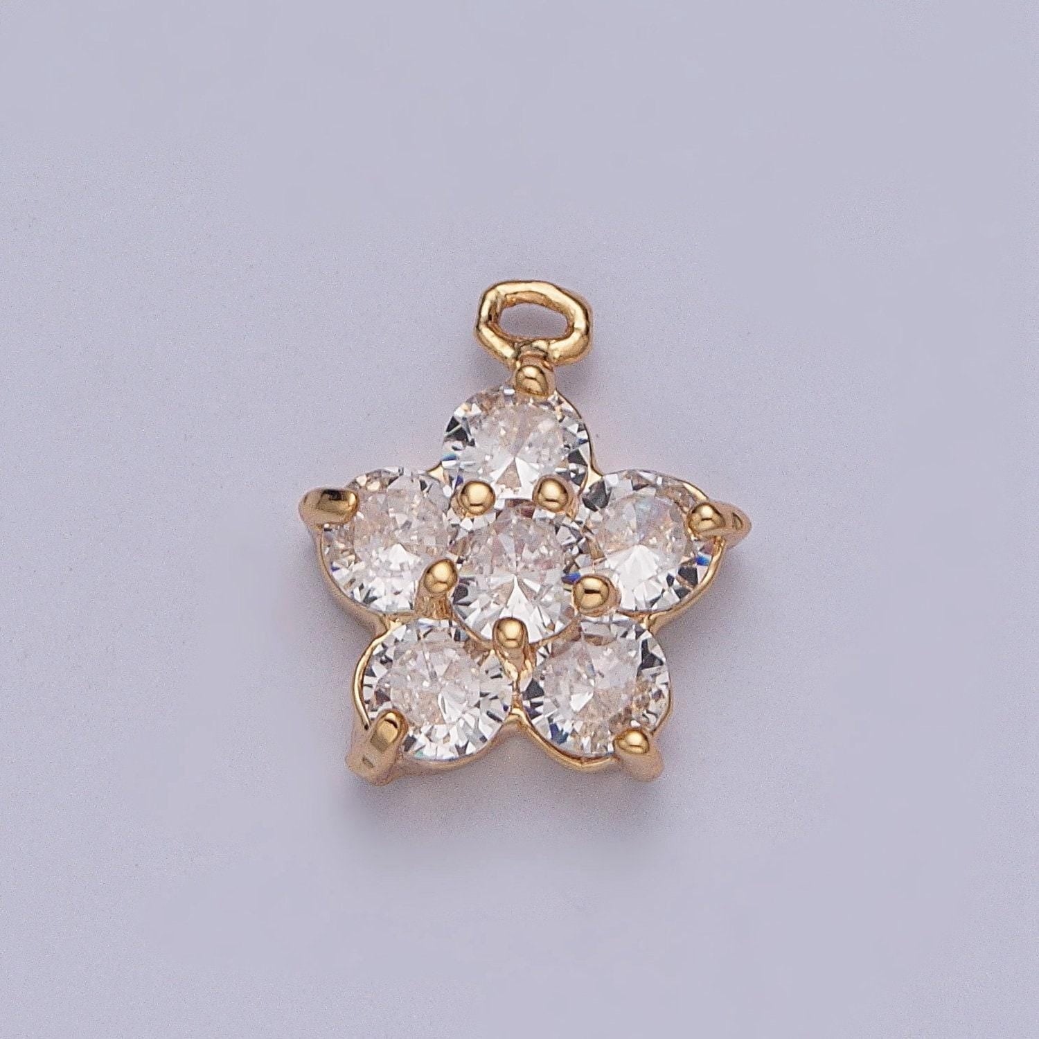 Dainty gold florette flower hibiscus pendant, clear micro pave cubic zarconia cz stones for necklace jewelry finding | x-204