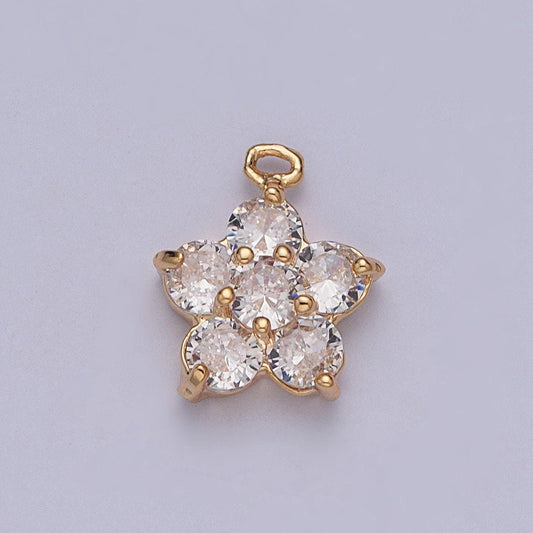Dainty gold florette flower hibiscus pendant, clear micro pave cubic zarconia cz stones for necklace jewelry finding | x-204