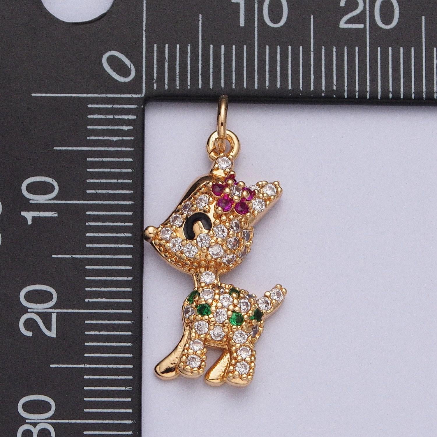 14k gold filled cute baby deer charm, dainty flower deer micro pave cz pendant, multicolored animal charm cubic | x-199