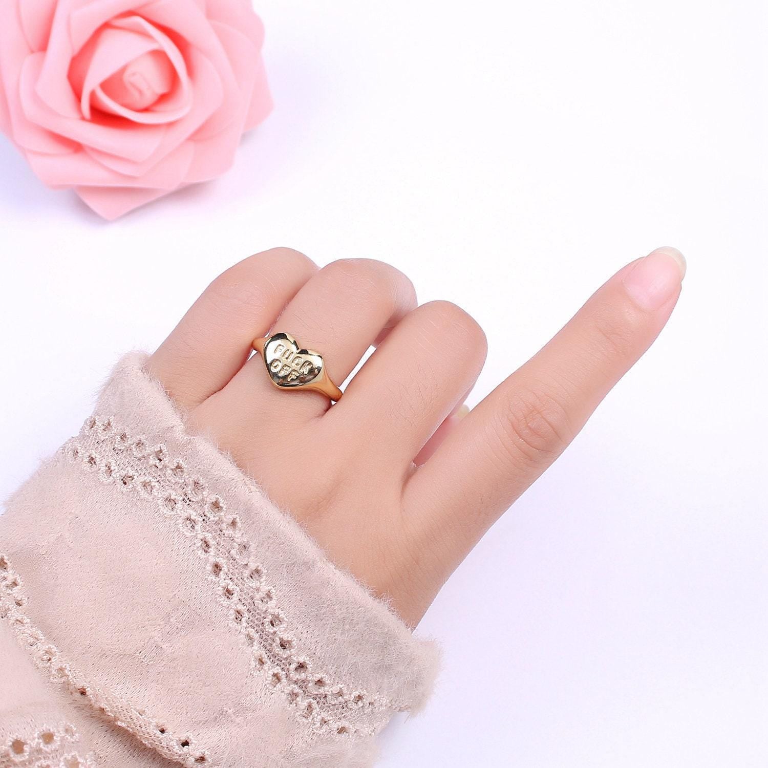 Gold fuck off ring, heart fuck off ring, heart signet ring, gold fuckoff jewelry, heart shaped signet ring, break up ring