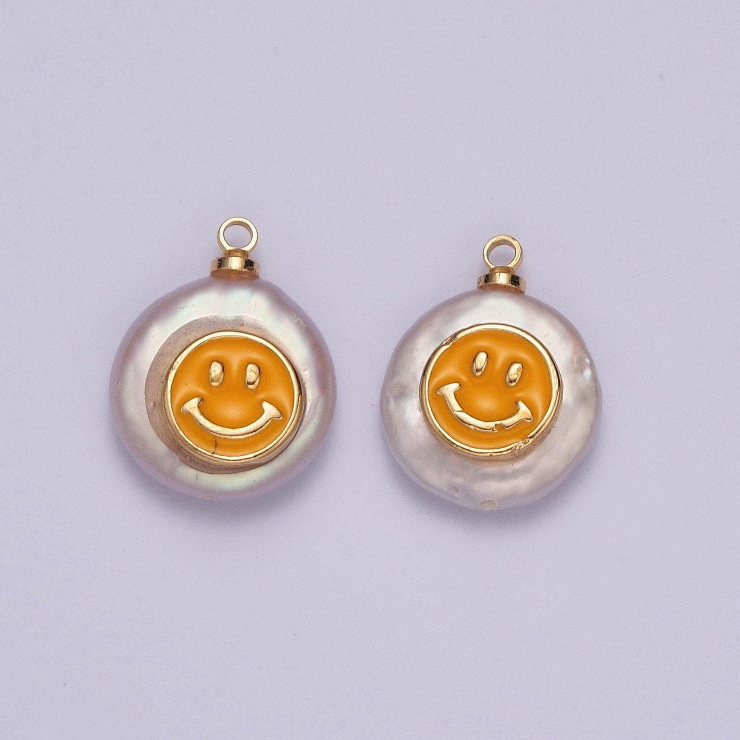 1pc dainty round white pearl face pendant, yellow enamel face charm, artificial white pearl smile pendant | x-154
