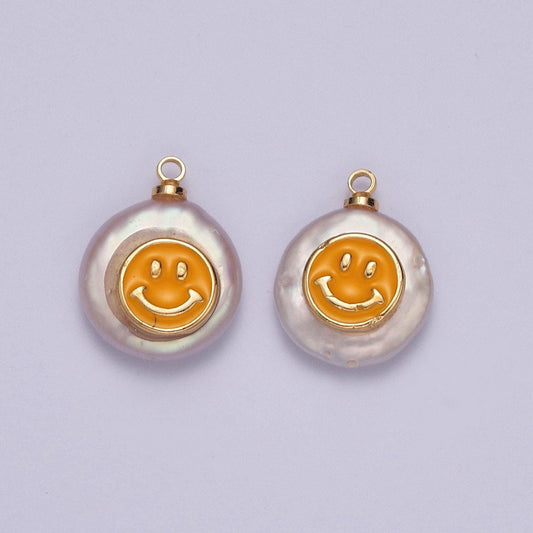 1pc dainty round white pearl face pendant, yellow enamel face charm, artificial white pearl smile pendant | x-154