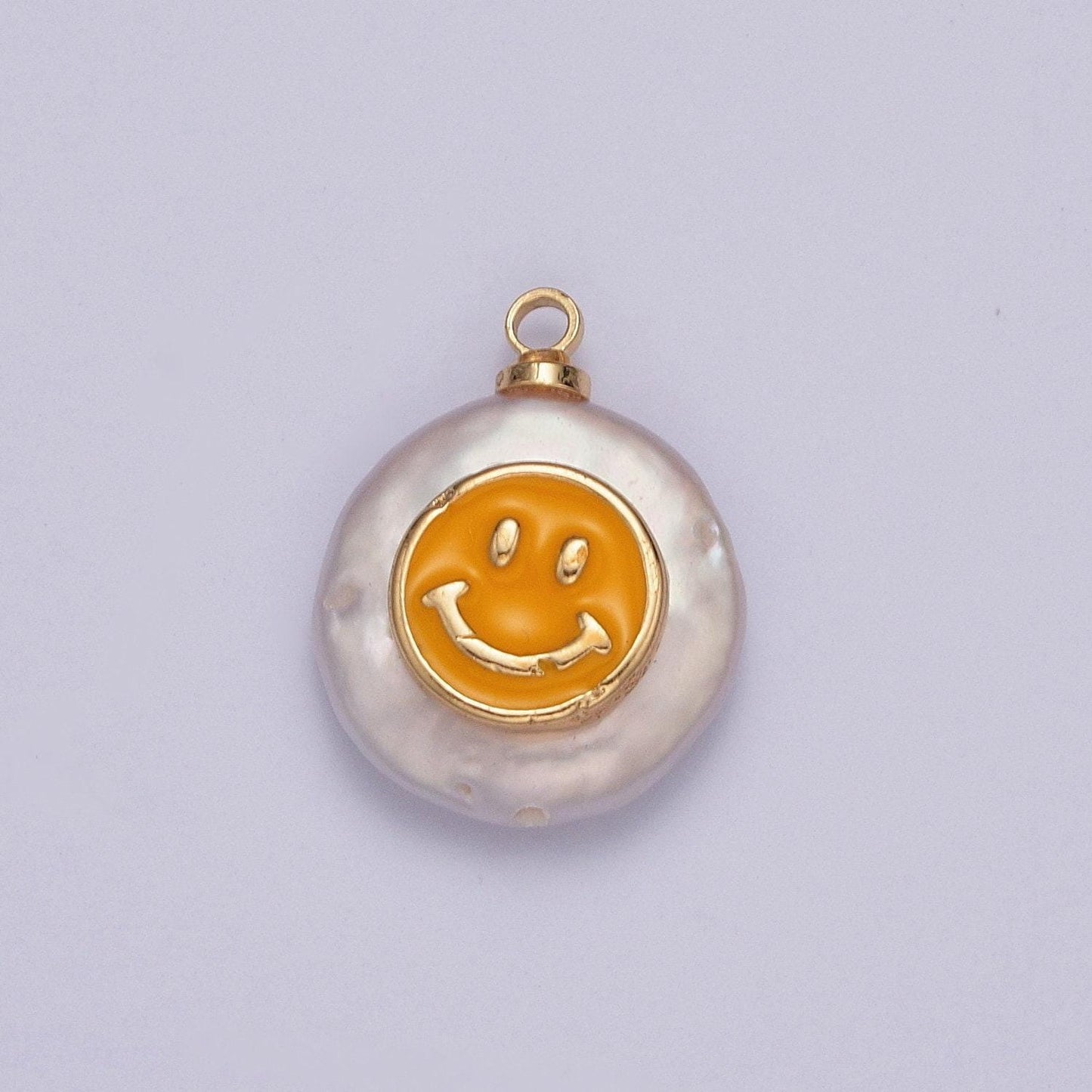 1pc dainty round white pearl face pendant, yellow enamel face charm, artificial white pearl smile pendant | x-154