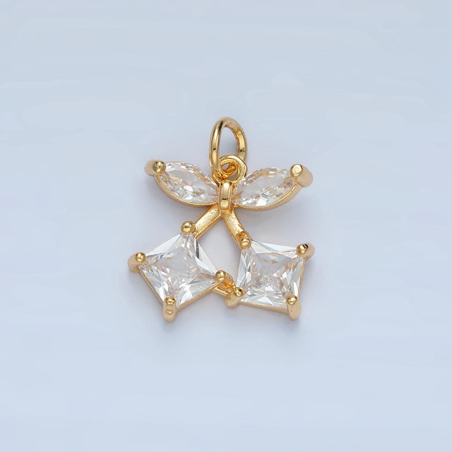 Double stem square cz cherries gold filled fruit charm | x-152