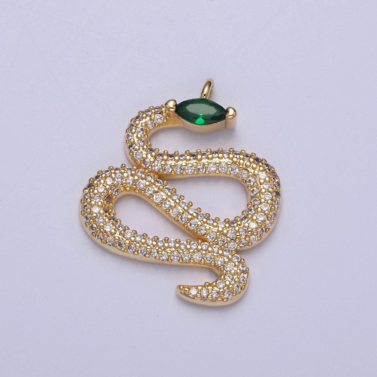 14k gold plated micro pave cz emerald green gemstone eye snake pendant - dainty chinese zodiac viper charm | x-150