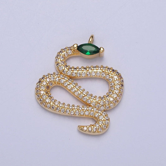 14k gold plated micro pave cz emerald green gemstone eye snake pendant - dainty chinese zodiac viper charm | x-150