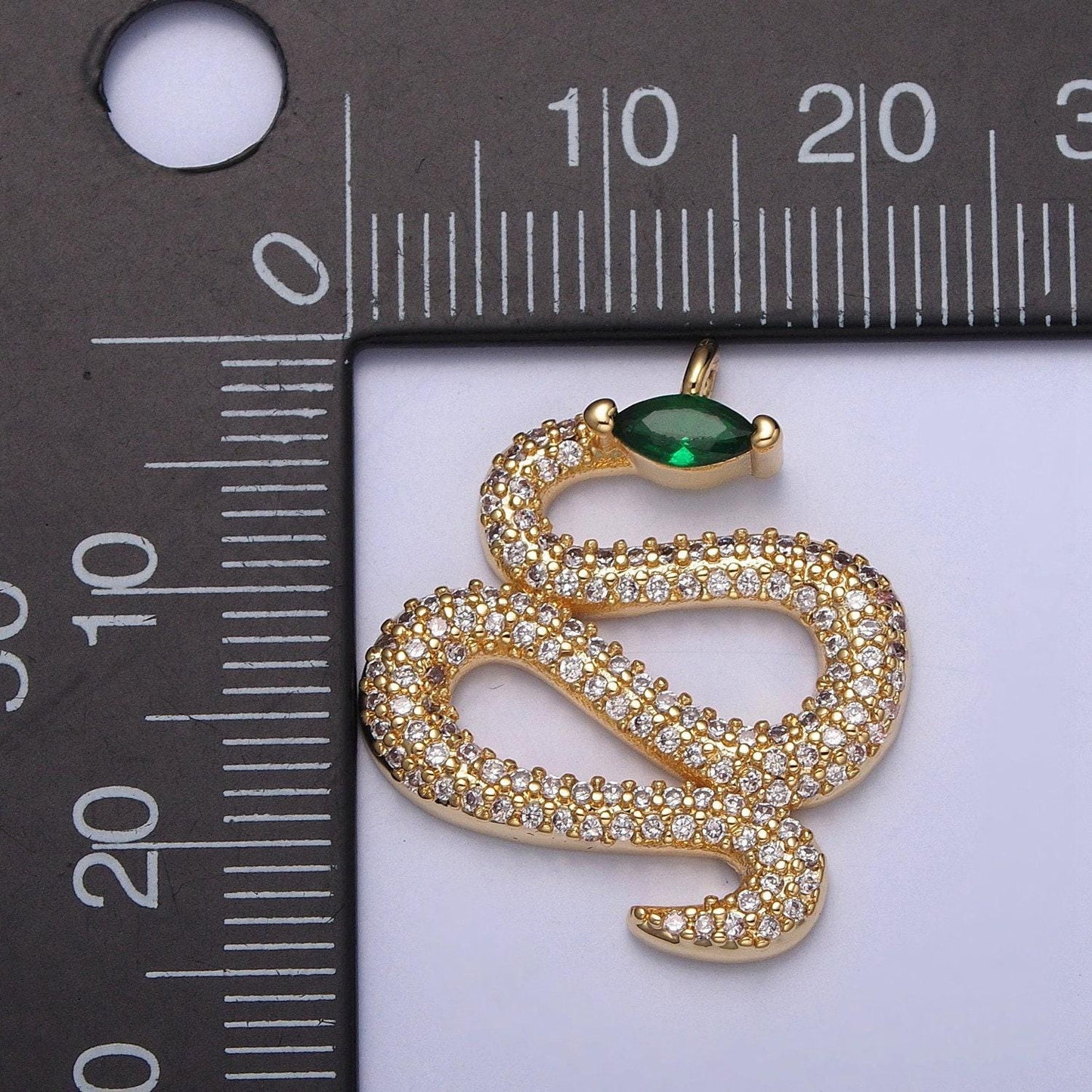 14k gold plated micro pave cz emerald green gemstone eye snake pendant - dainty chinese zodiac viper charm | x-150