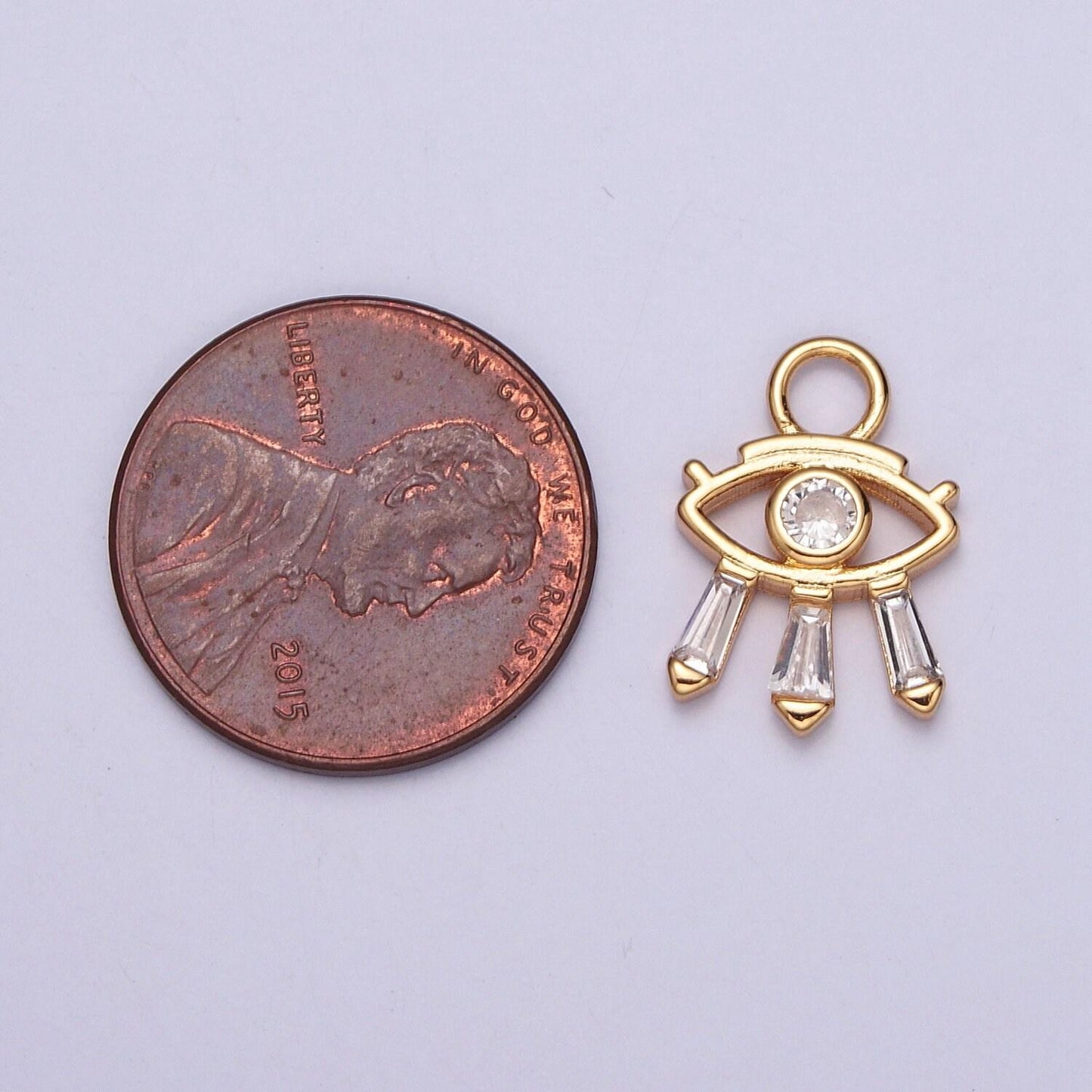 24k gold micro pave cubic zirconia evil eye charm, baguette stone eyelashes, gold plated tiny pendant diy small amulet piece | x-129