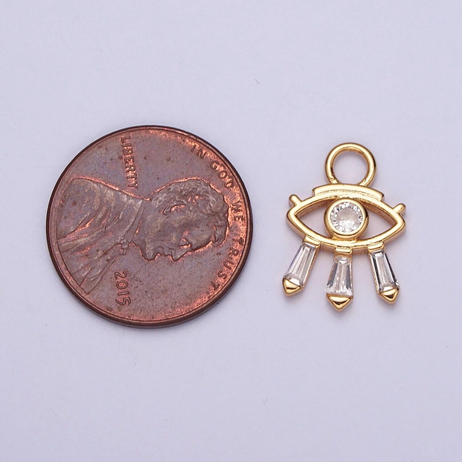 24k gold micro pave cubic zirconia evil eye charm, baguette stone eyelashes, gold plated tiny pendant diy small amulet piece | x-129