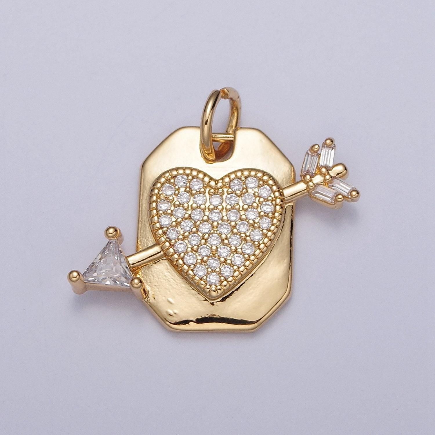 24k gold micro pave cz arrowed heart tag pendant, heart with baguette stones cupid arrow pendant charm for diy jewelry | x-126