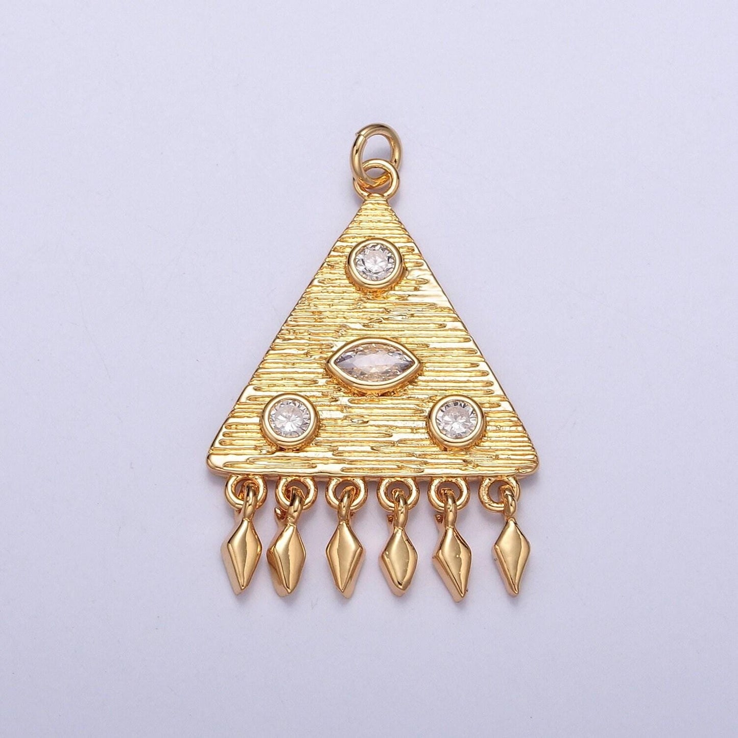 24k gold micro pave cz stoned triangle charms pendant w. mini spears/diamonds dangles, medieval charm necklace bracelet supply | x-123