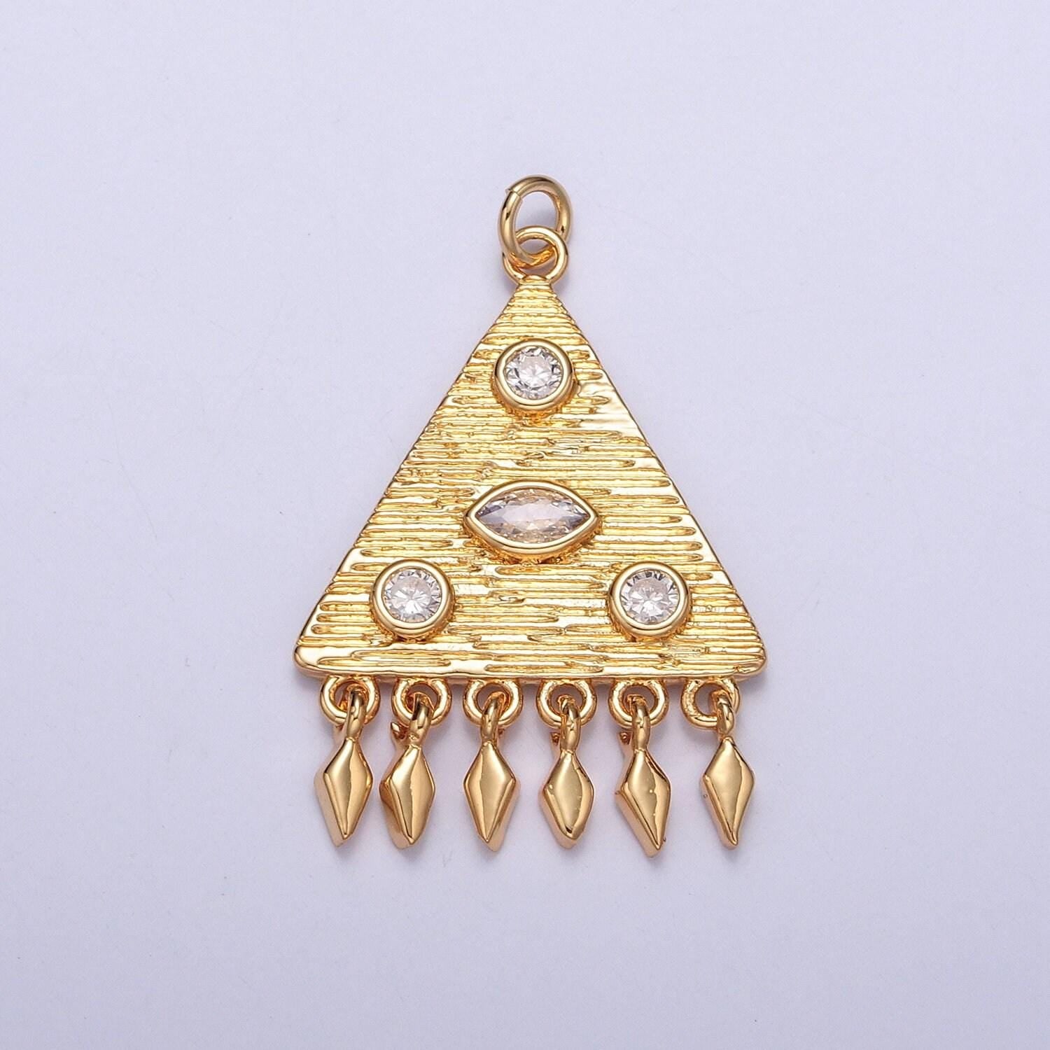 24k gold micro pave cz stoned triangle charms pendant w. mini spears/diamonds dangles, medieval charm necklace bracelet supply | x-123