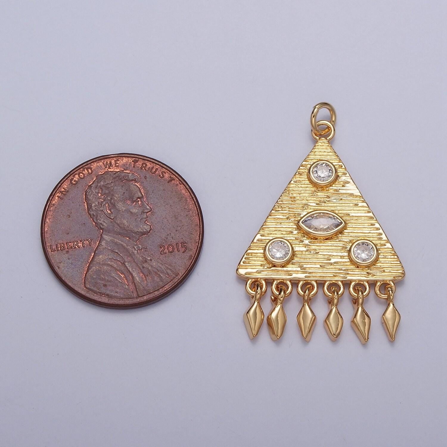 24k gold micro pave cz stoned triangle charms pendant w. mini spears/diamonds dangles, medieval charm necklace bracelet supply | x-123