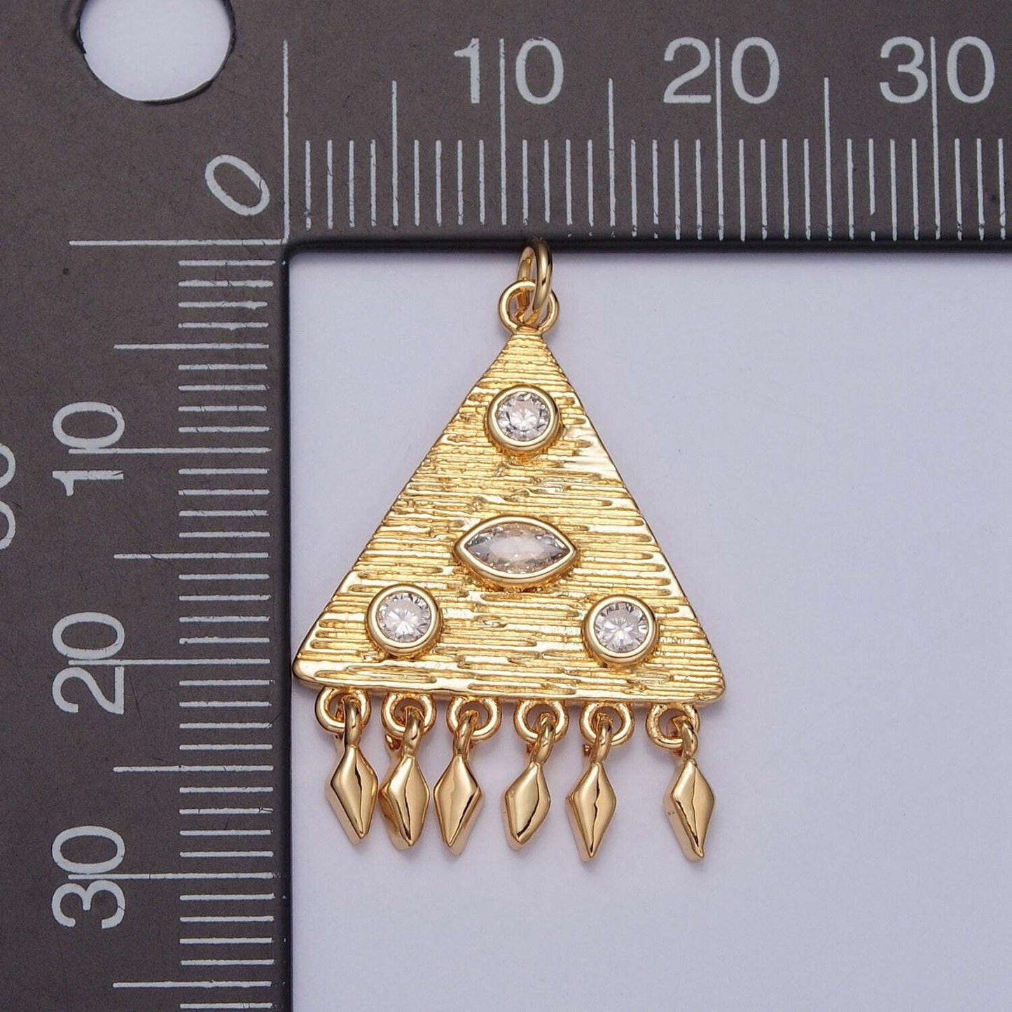 24k gold micro pave cz stoned triangle charms pendant w. mini spears/diamonds dangles, medieval charm necklace bracelet supply | x-123