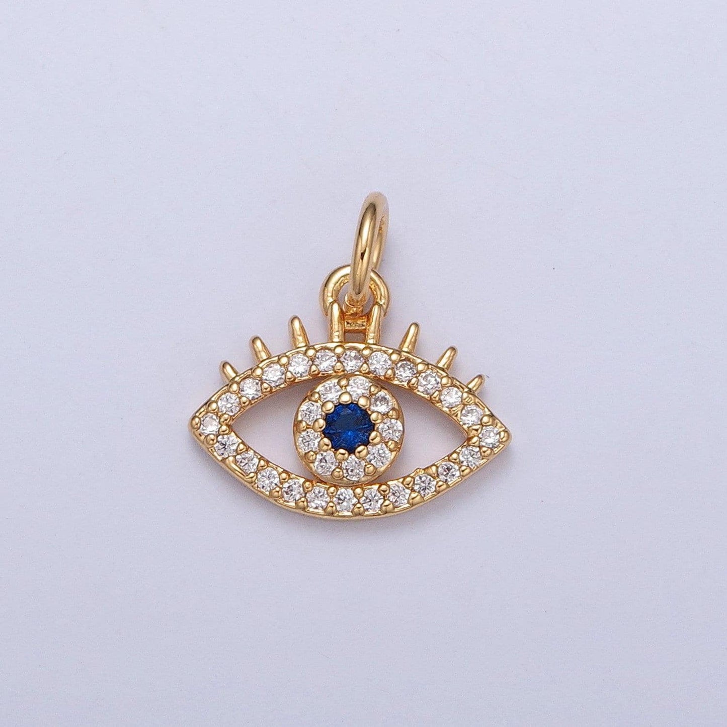 24k gold blue evil eye w. clear micro pave cz stones around protection amulet pendants | x-118
