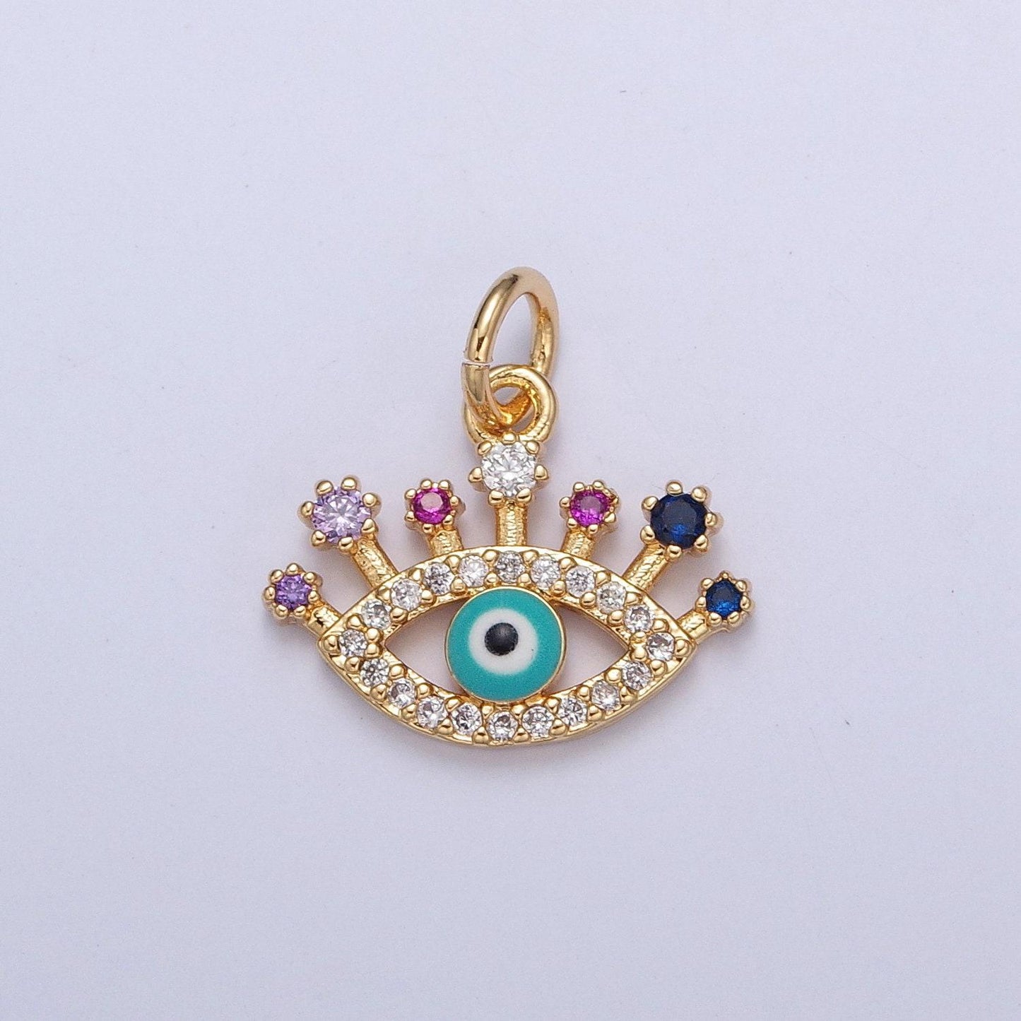 24k gold plated evil eye pendant, micro pave protection charm, multicolor cubic zirconia eye of ra for diy jewelry making | x-117