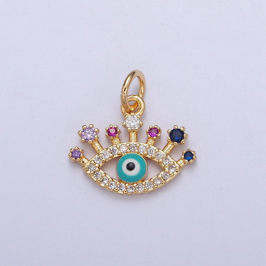 24k gold plated evil eye pendant, micro pave protection charm, multicolor cubic zirconia eye of ra for diy jewelry making | x-117