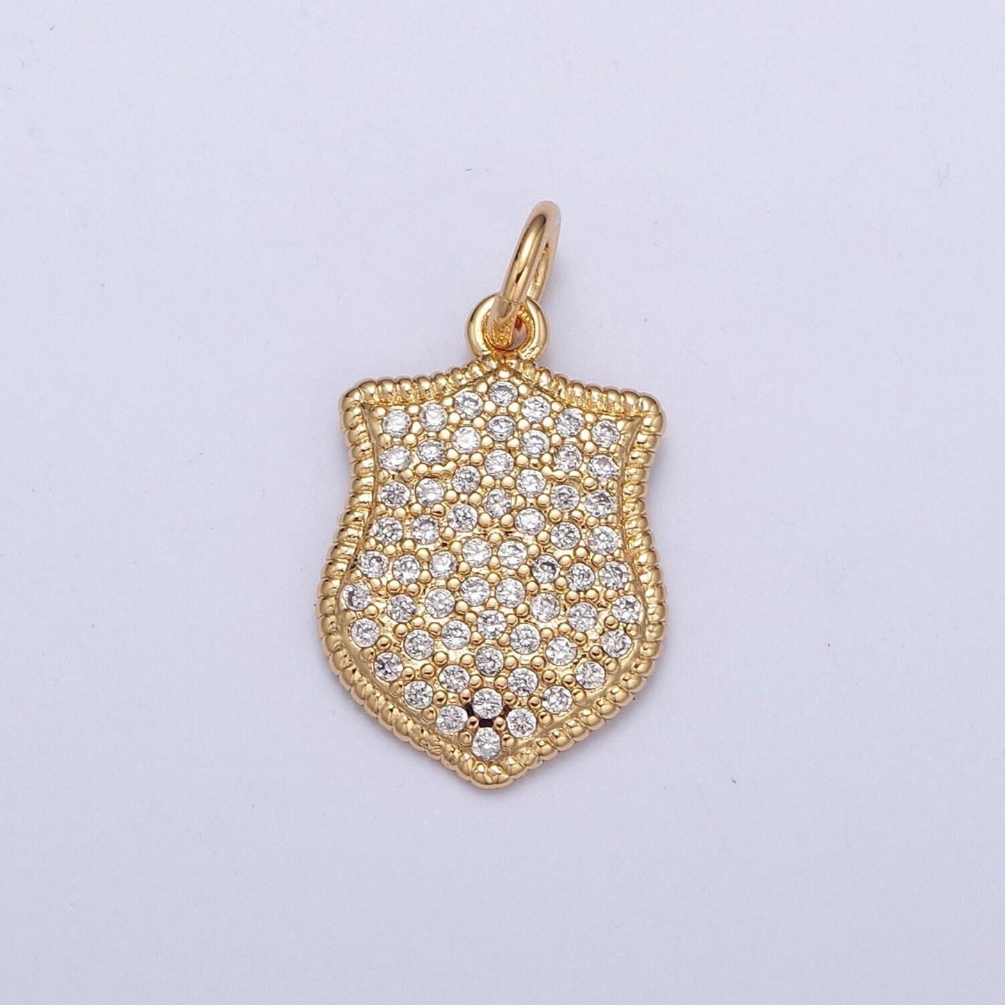 24k gold cz micro pave police badge-shapedtag charm, gold plated cubic zirconia pave tag pendant | x-116