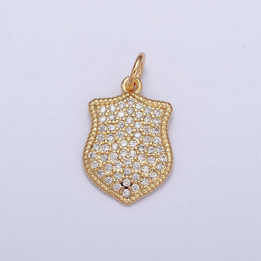 24k gold cz micro pave police badge-shapedtag charm, gold plated cubic zirconia pave tag pendant | x-116