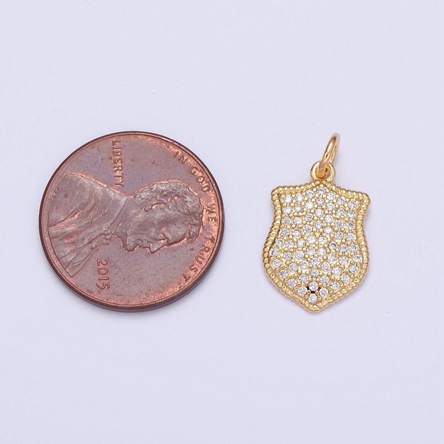 24k gold cz micro pave police badge-shapedtag charm, gold plated cubic zirconia pave tag pendant | x-116