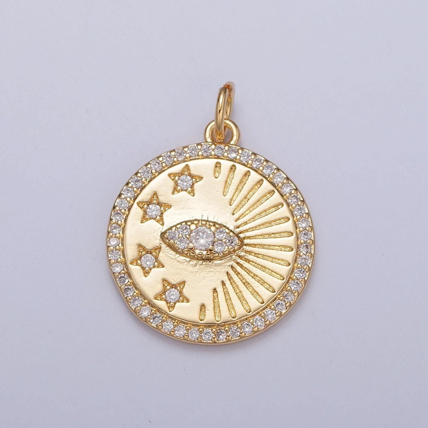 24k gold dainty evil eye pendant with star celestial charm, micro pave cz round charm | diy jewelry add on necklace bracelet earring | x-113