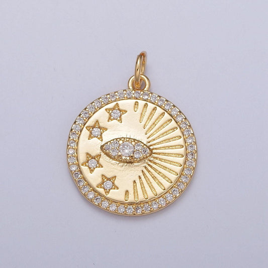 24k gold dainty evil eye pendant with star celestial charm, micro pave cz round charm | diy jewelry add on necklace bracelet earring | x-113