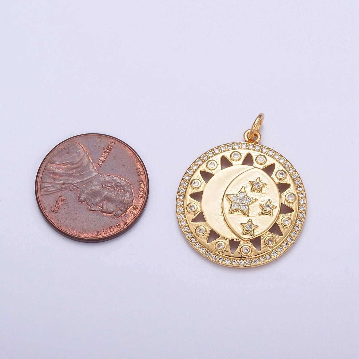 24k gold sun moon stars charm, micro pave celestial sunshine charm, crescent moon, sunray pendant for necklace earring supply | x-112