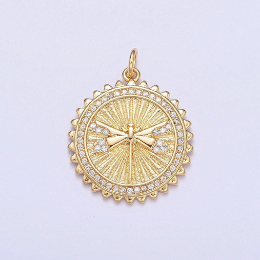 24k gold dragonfly pendant w. clear micro pave cz stones, medallion scalloped decorative edge, round coin pendant jewelry | x-109