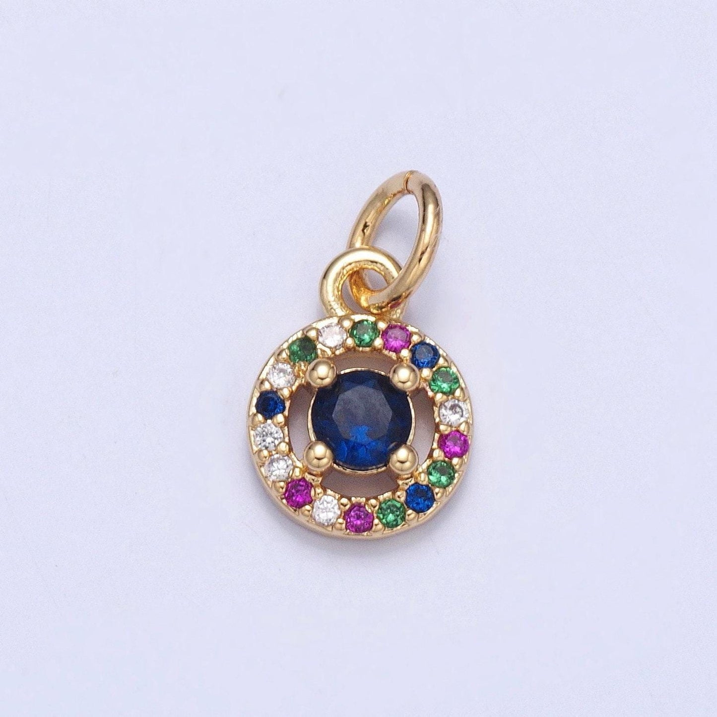 24k gold dainty gold round circular charm colorful cz stone pendant w. blue stone center | x-104