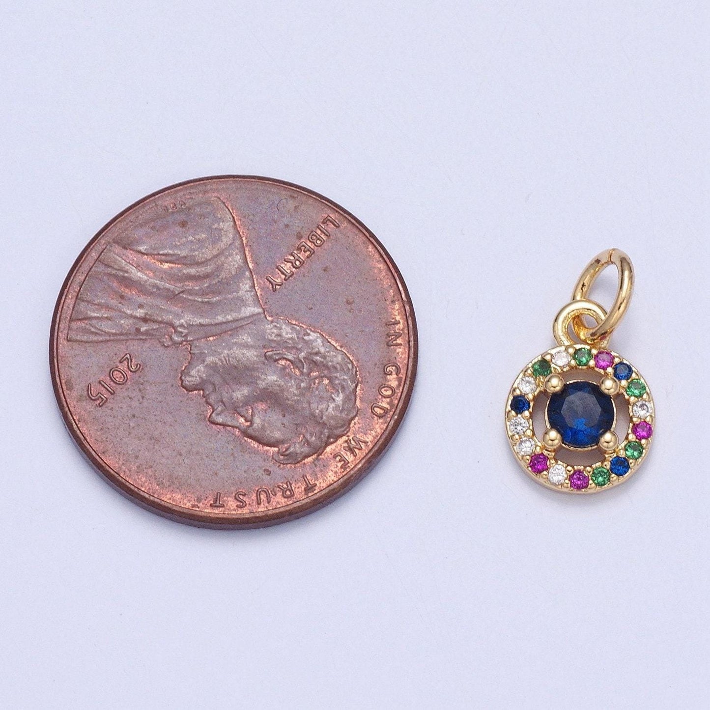 24k gold dainty gold round circular charm colorful cz stone pendant w. blue stone center | x-104
